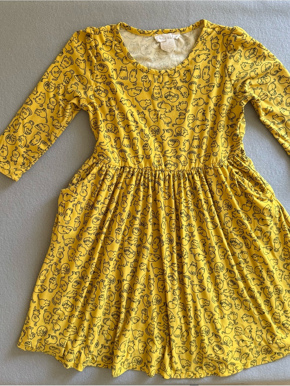 Emma & Elsa Yellow Long-Sleeve Cat Print Dress